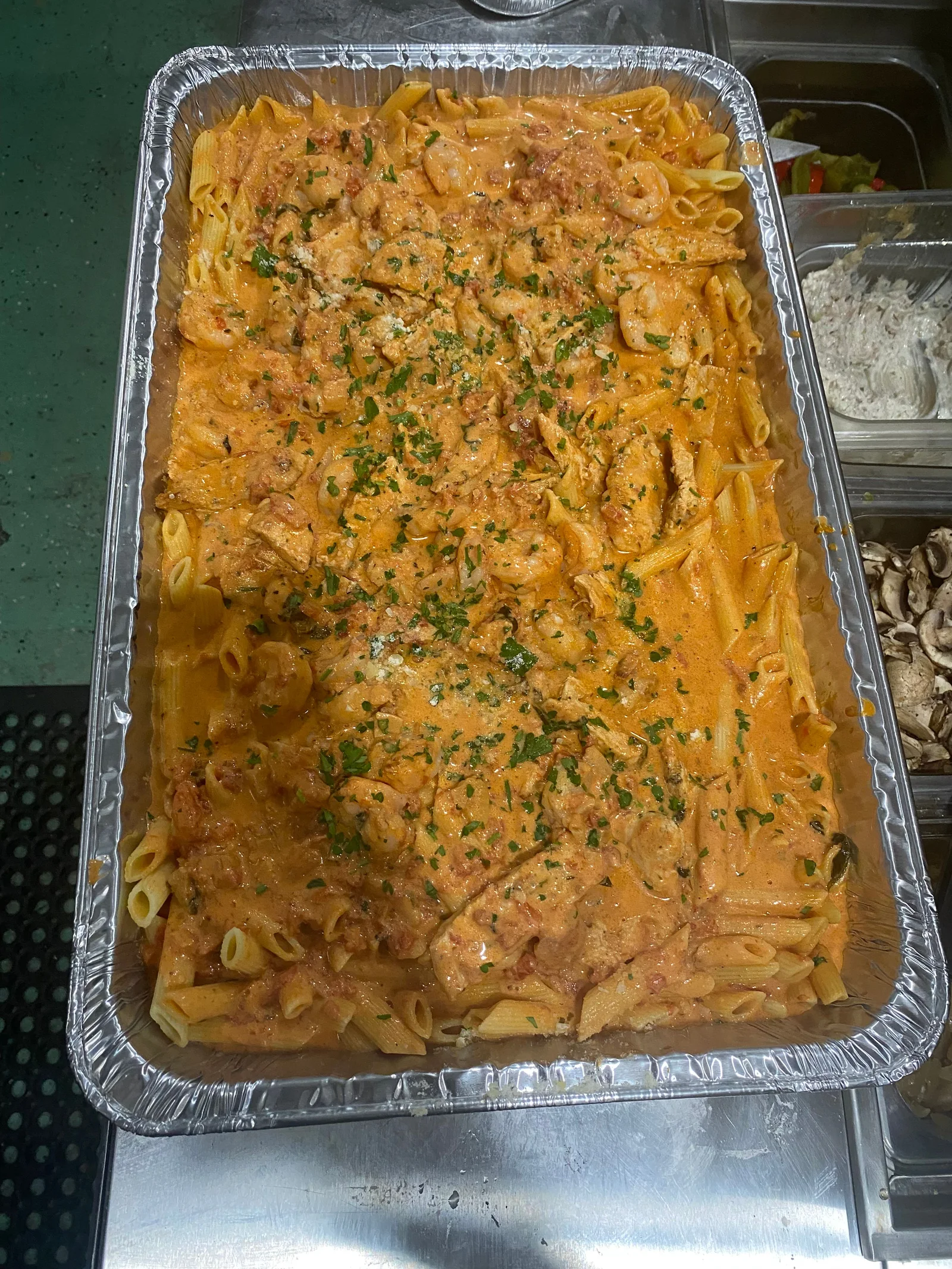 A full tray of pasta prepared at Mario’s