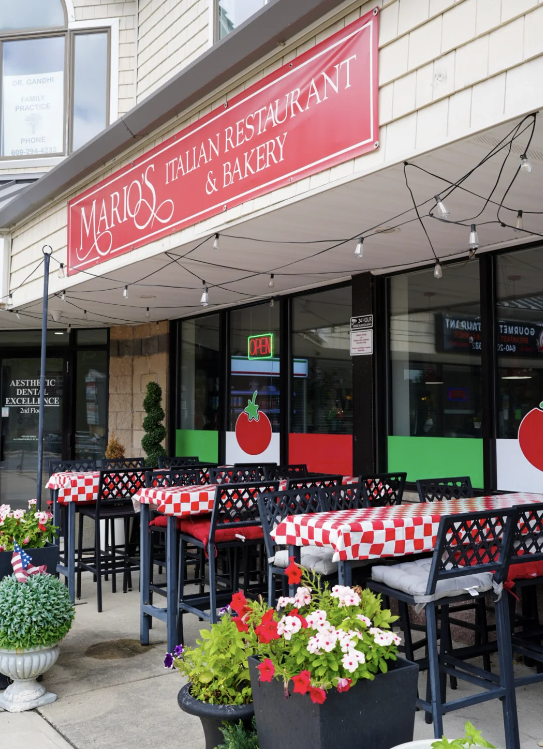 Outdoor patio seating at Mario's Italian Restaurant and Bakery